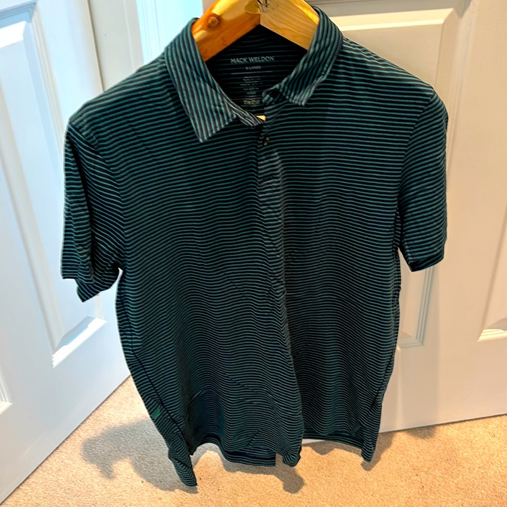 Mack Weldon polo.  Green and blue striped.  XL